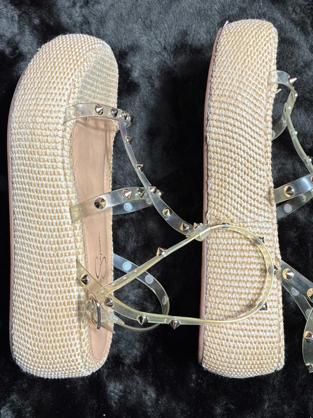 Jessica Simpson Clear Studded Platform Sandal in Beige Woven